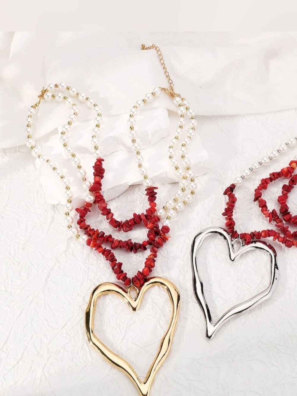Gold Heart Pendant Necklace with Faux Red Coral & Simulated Pearls - Picture 8 of 15